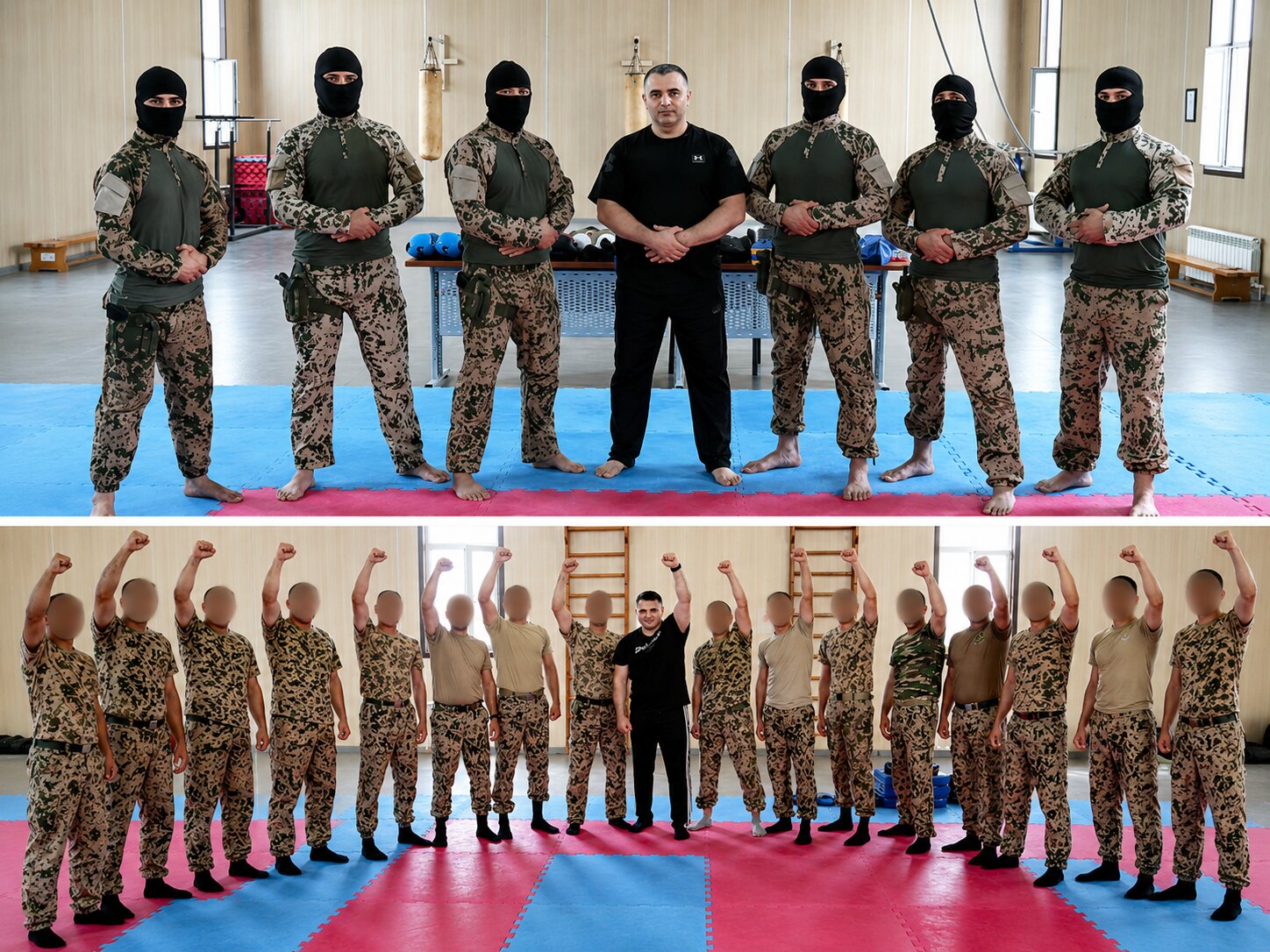 Grandmaster Vidadi Hajiyev with a special-forces team and a large group of internal-troops soldiers in training