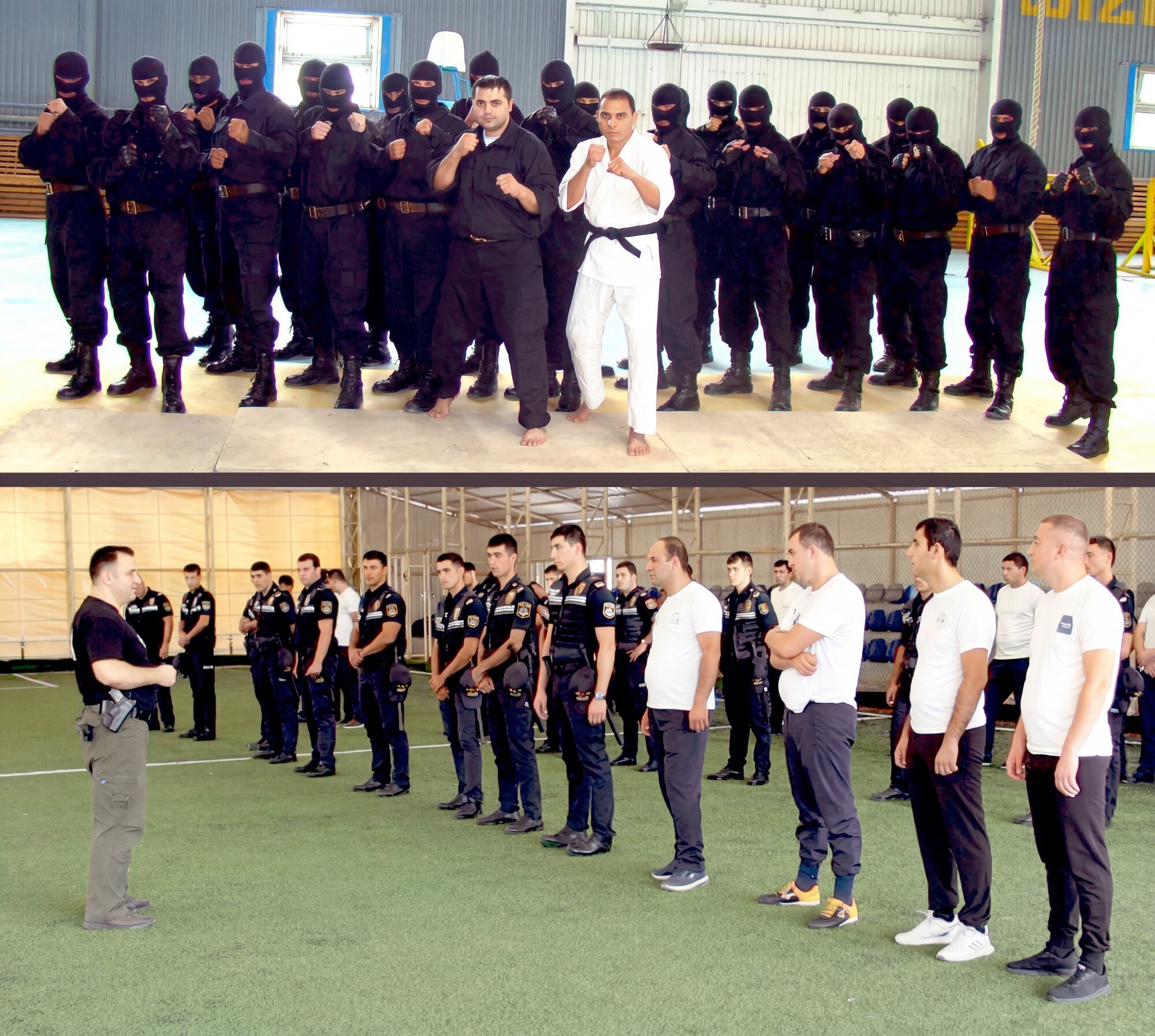 Grandmaster Vidadi Hajiyev instructing masked SWAT operators and a line of uniformed national police officers